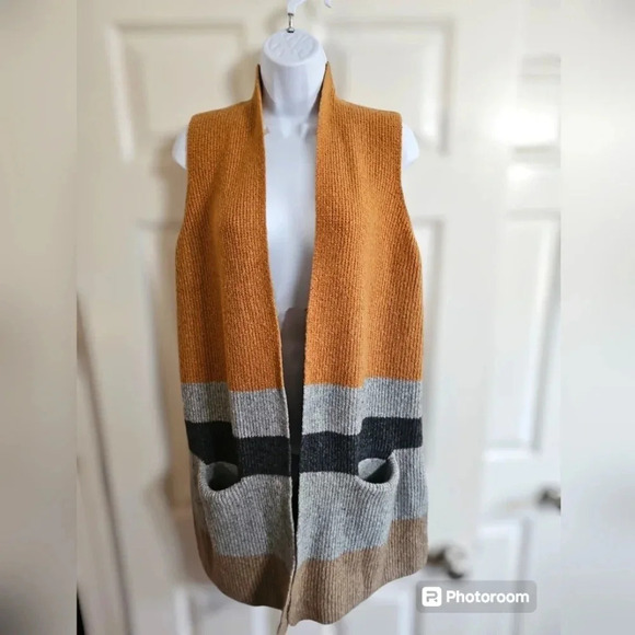 Loft size XS/Small Color block Orange Grey Sleeveless Cardigan Sweater Duster - Picture 1 of 6